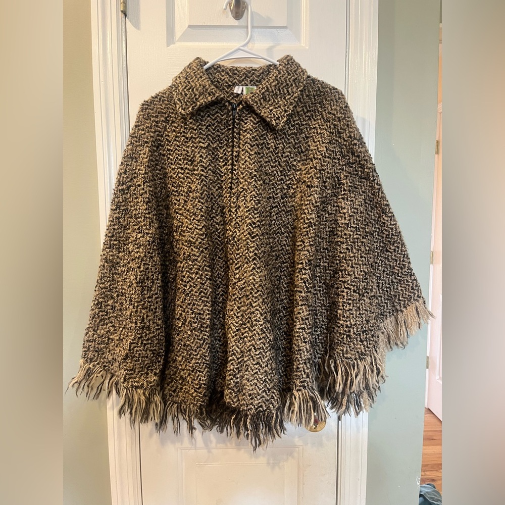 Vintage Branigan Weavers Irish Wool Zip Poncho Cape Fringe One Size b1